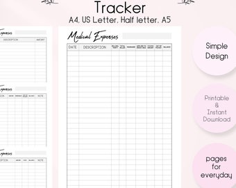 Könnte beinhalten: Druckbarer medizinischer Ausgaben-Tracker mit Spalten für Datum, Beschreibung, Rechnungsstellung, Gesamtbetrag, Versicherung, auf Selbstbehalt angewendet, Zuzahlung, Eigenanteil und Restbetrag. Der Tracker hat eine Gesamtsumme Zeile am Ende.