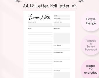 Sermon Notes Printable, Bible Study Template, Church Notes Journal, Scripture Study, Christian Planner, Bible Notes PDF Download