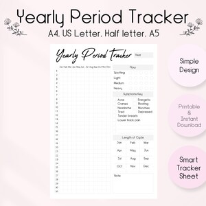May include: A printable yearly period tracker sheet with a grid for tracking your cycle each month. The sheet includes sections for flow, symptoms, length of cycle, and notes.