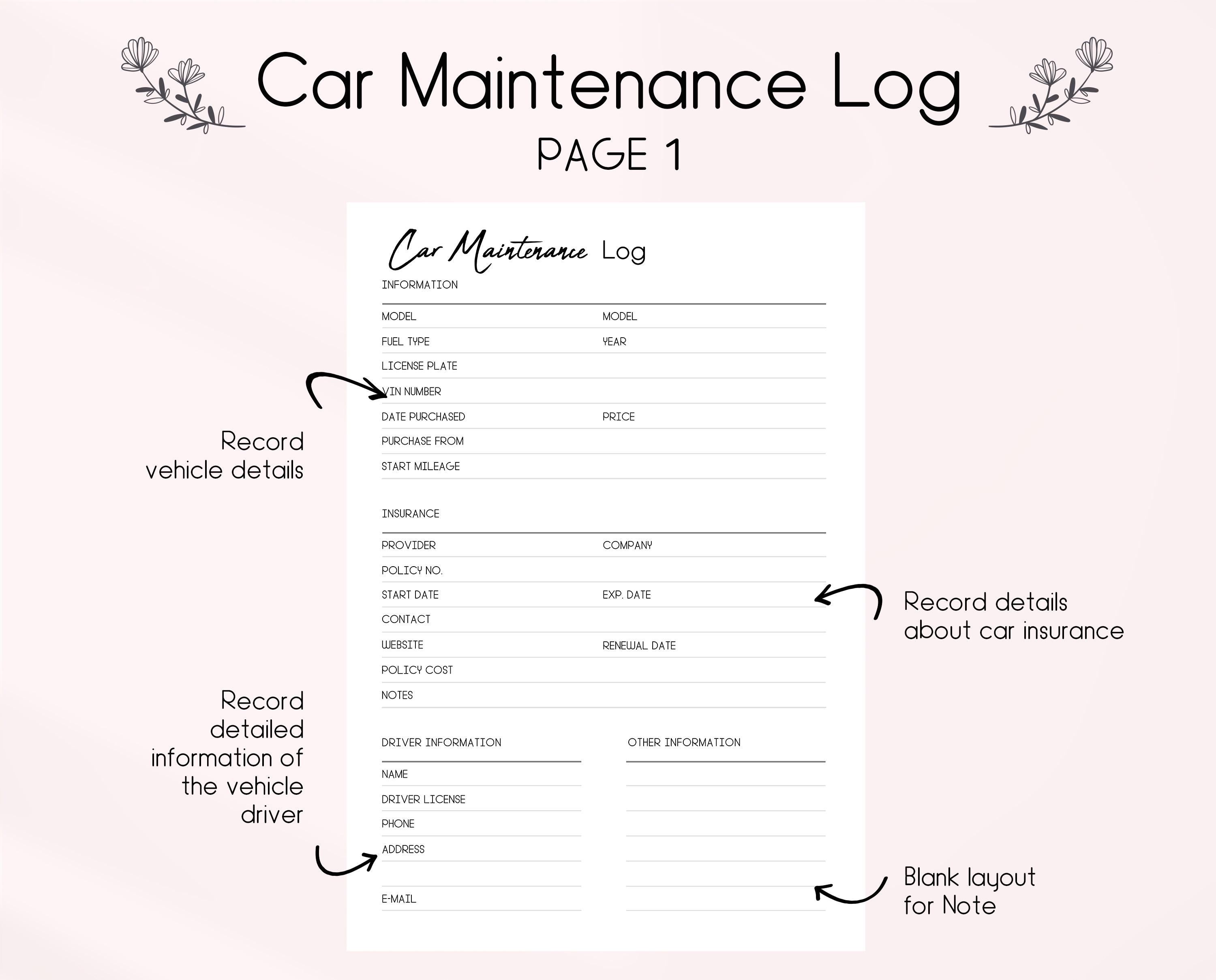 Up Rotation Car Log Car Maintenance Log Printable: Vehicle Tracker (PDF Download) - Etsy