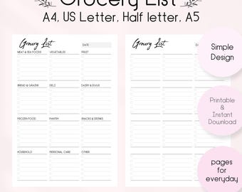 May include: A printable grocery list template with a simple design. The list is divided into categories such as meat & sea foods, vegetables, fruit, bread & grains, deli, dairy & eggs, frozen food, pantry, snacks & drinks, household, personal care, and other. The template is available in A4, US Letter, Half Letter, and A5 sizes.