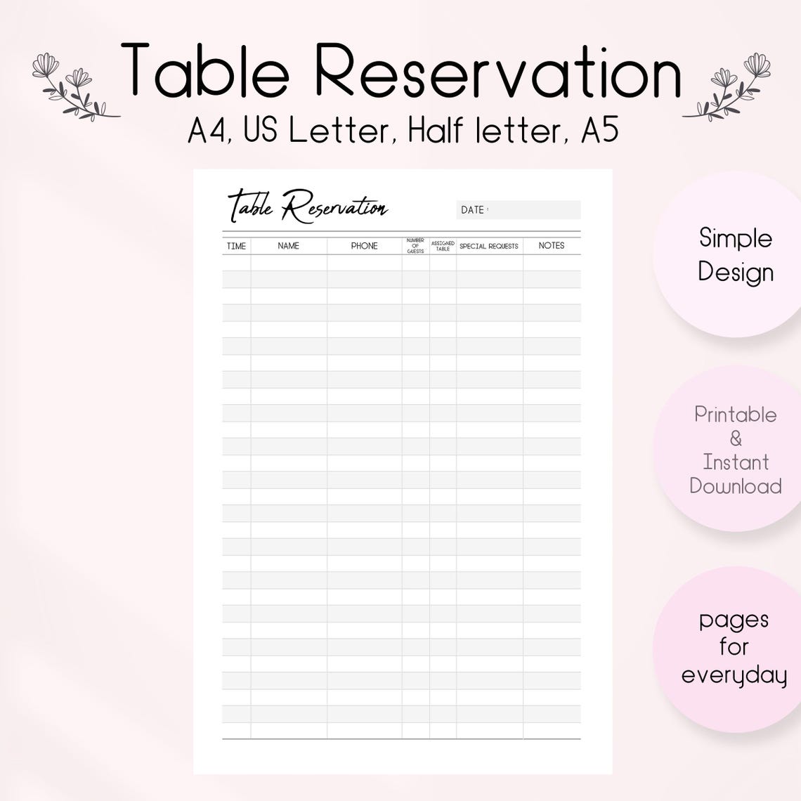 Table Reservation List Printable, Restaurant Booking Template ...