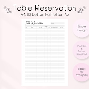 Table Reservation List Printable, Restaurant Booking Template, Restaurant Table Reservation Form, Restaurant Reservation Sheet, PDF Download