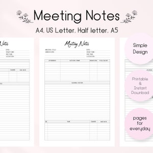 Meeting Notes Template Printable, Meeting Minutes Template, Meeting Agenda, Project Management Worksheet, PDF Download Digital Planner
