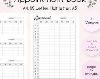 Weekly Appointment Planner Printable, Hourly Appointment Book, 30 Minute Schedule, Appointment Tracker, Weekly Schedule, A4 A5 Letter PDF