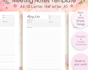 Modello minimalista per appunti di riunione, modello stampabile per la pianificazione di riunioni, organizzatore di riunioni aziendali, appunti per ufficio, download PDF del piano digitale