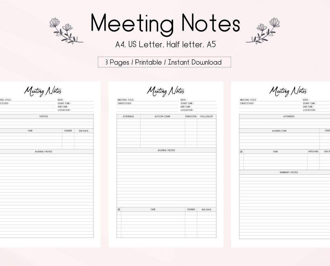Meeting Notes Template Printable, Meeting Minutes Template, Meeting