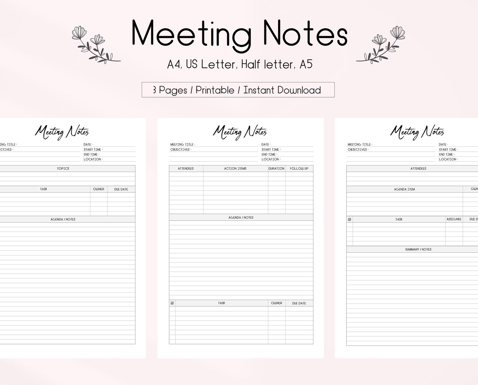 Meeting Notes Template Printable, Meeting Minutes Template, Meeting ...