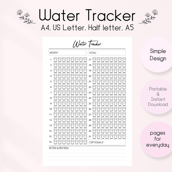 Monthly Water Tracker Printable, Monthly Journal, 31 Days Water
