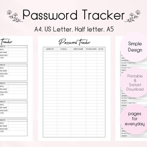 Op de afbeelding: Een afdrukbare wachtwoordtracker met een eenvoudig ontwerp. De tracker heeft secties voor website, e-mail, gebruikersnaam, wachtwoord en notities. De tracker is beschikbaar in de formaten A4, US Letter, Half Letter en A5.