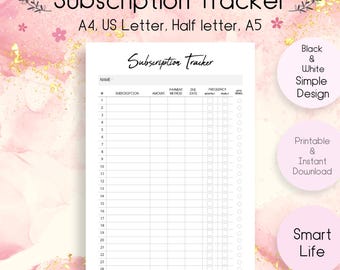 May include: A black and white subscription tracker with the title "Subscription Tracker" at the top. The tracker includes sections for name, subscription, amount, payment method, due date, and frequency. The design is simple and printable.
