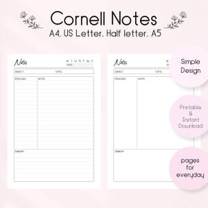 Cornell Notatki do druku, Cornell Notatki, Cornell Notatki Szablony, Notatki z wykładów, Cornell Notatki Robienie, PDF Pobierz Cyfrowy Planer
