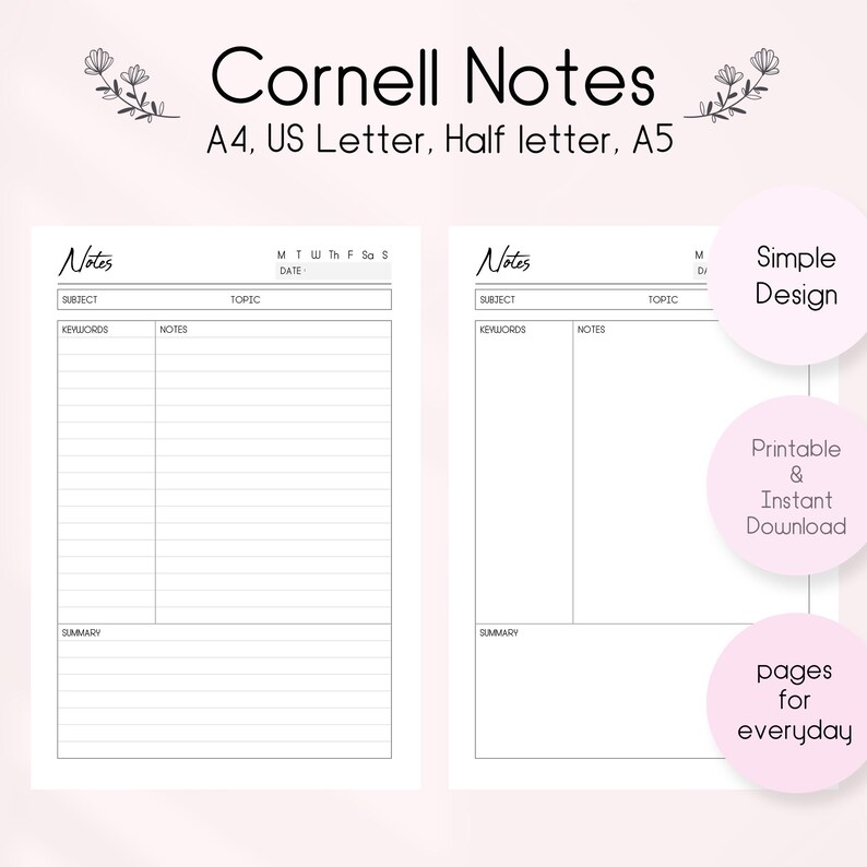 Cornell Notes Template: Printable Lecture Notes, Student Planner (PDF ...