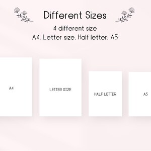 Op de afbeelding: Afbeelding met vier verschillende papierformaten: A4, Letter size, Half letter en A5. De tekst "Verschillende maten" en "4 verschillende maten" staan bovenaan. De papierformaten zijn witte rechthoeken op een lichtroze achtergrond.