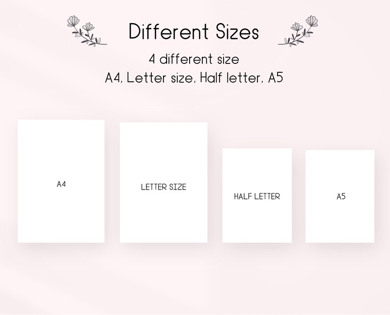 Op de afbeelding: Afbeelding met vier verschillende papierformaten: A4, Letter size, Half letter en A5. De tekst "Verschillende maten" en "4 verschillende maten" staan bovenaan. De papierformaten zijn witte rechthoeken op een lichtroze achtergrond.