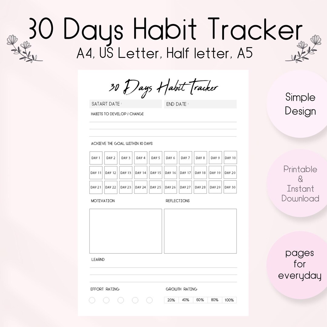 30 Day Habit Tracker Printable: Monthly Planner (PDF Download) - Etsy