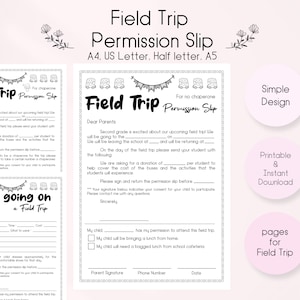 Comprovante de permissão de viagem de campo para impressão, organização de viagem de campo, formulário de permissão, download de PDF planejador digital