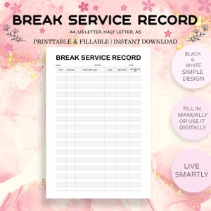 May include: A white printable Break Service Record sheet with black text. The document includes fields for date, mileage, parts replaced, cost, mechanic, and next service date. The design is simple, with a pink and gold background.
