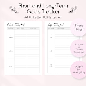 Op de afbeelding: Printbare korte- en lange termijn doelen tracker met kolommen voor datums, wat/doelen en kleine stappen. De tracker bevat tijdframes van 3 maanden, 6 maanden, 1 jaar, 3 jaar, 5 jaar en 10 jaar.
