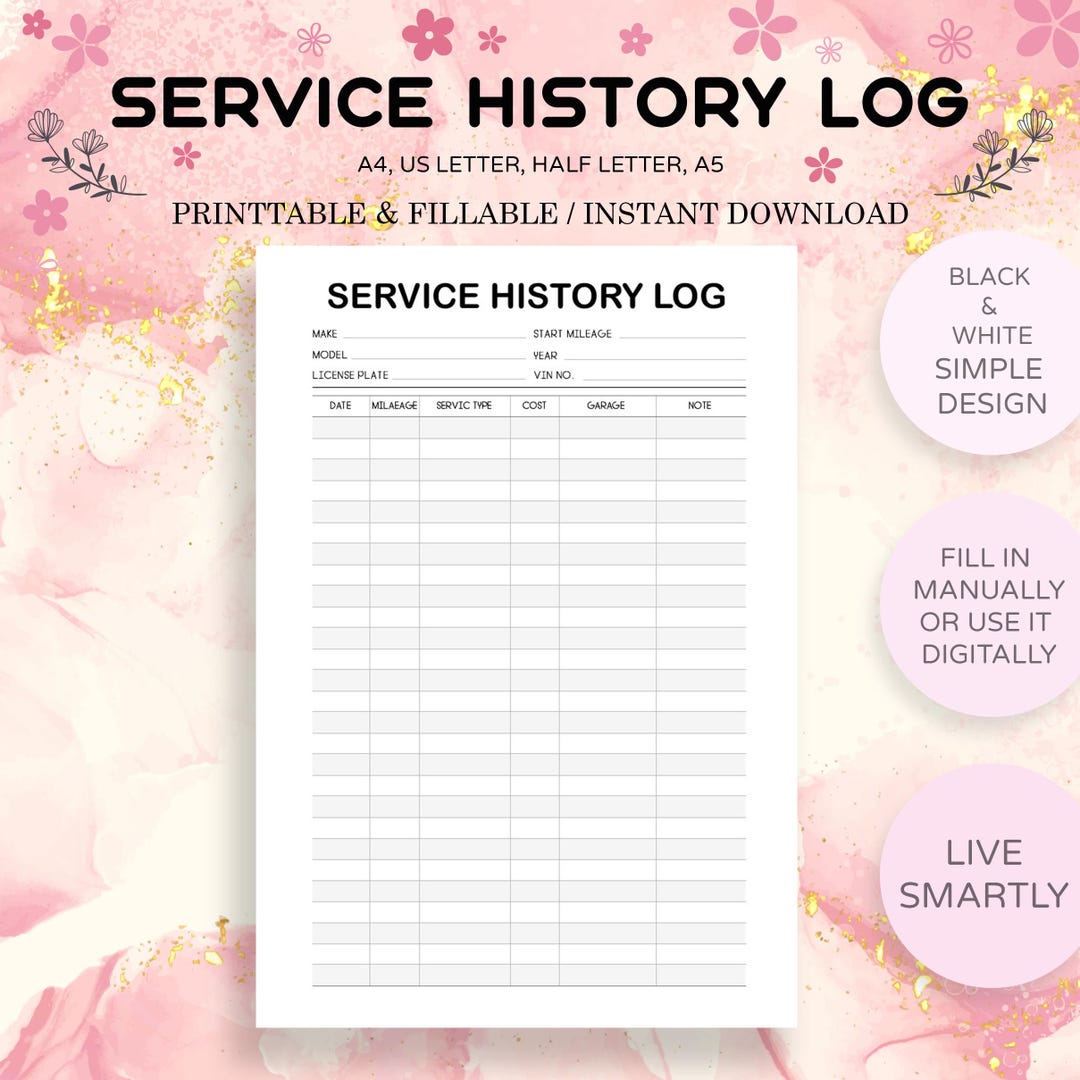 Car Service History Log Printable PDF | Vehicle Maintenance Record ...