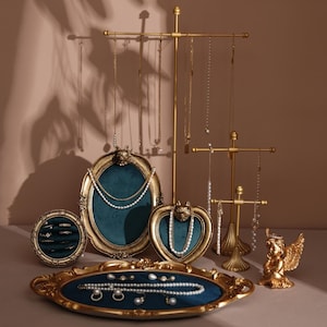 Gold Jewelry Organizer Set Ring Holder Necklace Hanger Resin Earring Tray Bracelet Display Boutique Store Decor Photography Showcase Prop