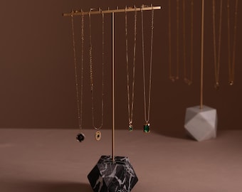 Brass T-bar Necklace Holder: Black Marble Jewelry Display UK