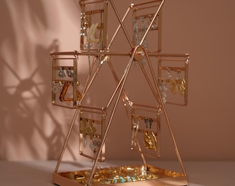 Rose Gold Earring Holder Rotatable Ferris Wheel Ring Organizer Stand Jewelry Display Storage Tray Mother Birthday Gift for Her Daughter Wife