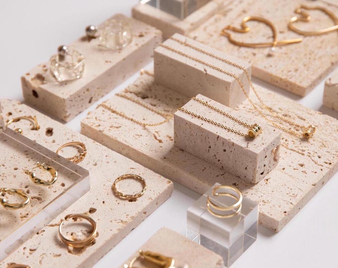 Gelb Travertin Stein Schmuck Fair Display Prop Organizer Ringe Halskette Armband Zubehör Shop Dekor Event Schaufenster Fotografie
