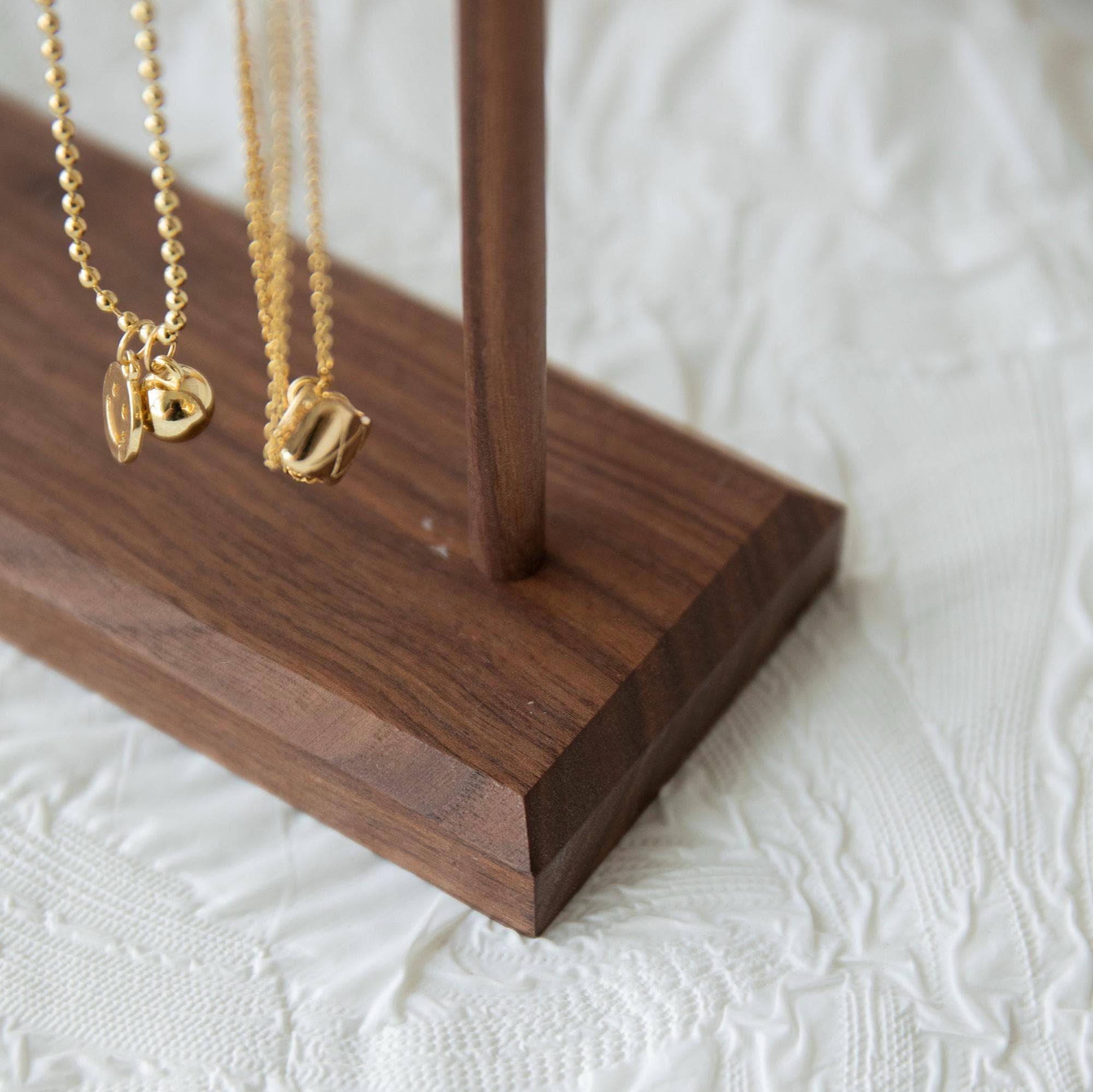 Wooden Jewelry Organizer Stand - Necklace & Bracelet Hanging Display Holder (Walnut)