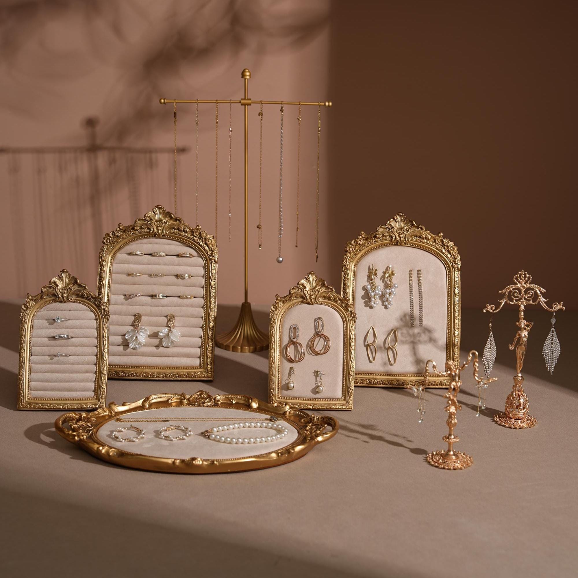 Beige Suede Jewelry Display Frame Baroque Style Earring Stand Holder Bracelet Organizer Photography Prop Wedding Flat Lay Engagement Gift