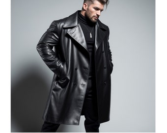 Long manteau noir en cuir de vache véritable fait main pour homme manteau en cuir véritable trench-coat en cuir cadeau pour petit ami manteau de tenue de soirée