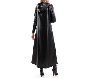 Cappotto da donna fatto a mano in vera pelle di mucca nera con cerniera frontale con cappuccio Cappotto lungo in pelle per ragazze regalo per lei regalo per moglie e fidanzata