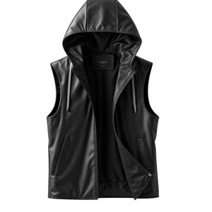 Gilet à capuche fait main en cuir de mouton véritable doux pour homme Gilet en cuir avec fermeture à glissière avant moto Steampunk à capuche gilet sans manches