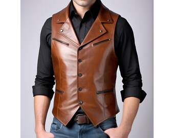 Handmade Genuine Brown Cow Leather collar Vest For Men Leather vest Steampunk Vest Gift For Him Gifts For Boyfriend