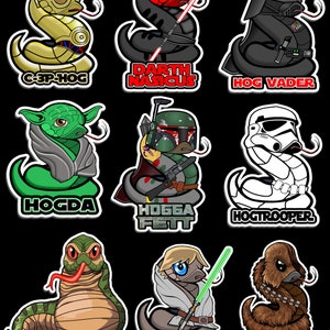 May include: Nine colorful stickers featuring characters from Star Wars as snakes. Each sticker has a white outline and a name below the character. The characters are C-3PO, Darth Nasicus, Hog Vader, Yoda, Hogga Fett, Hogtrooper, Jabba the Hog, Luke Hogwalker, and Hogbacca.