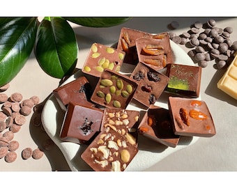 Vegan Chocolate nuts and dry fruit dices. Premium European and Australian dark, milk, and white chocolates are used. 200gm pack size