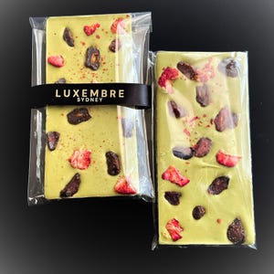 Luxembre: Artisan Matcha Strawberry Chocolate Bar.
