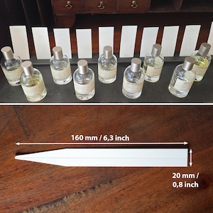 Könnte beinhalten: Eine Sammlung klarer Parfümflaschen mit silbernen Verschlüssen, gefüllt mit einer hellgelben Flüssigkeit, auf einem schwarzen Tablett. Weiße Duftstreifen stehen hinter den Flaschen. Ein weißer Duftstreifen misst 160 mm Länge und 20 mm Breite.