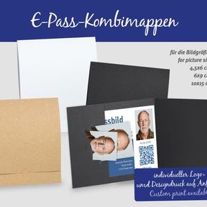 Carpeta de fotos para pasaporte electrónico de hasta 10 x 15 cm Carpeta de pasaporte electrónico para impresión de código QR + 2 ranuras Cierre de 54 + 65 mm de ancho 3 tipos de cartón + 54 colores a elegir
