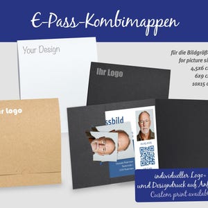 up to 10 x 15 cm E-passport photo folder E-passport folder for QR code print 2 slots 54 & 65 mm wide closure 4 cardboard types + 54 colors to choose from