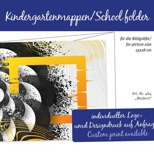 May include: A school folder with a modern design. The folder features a geometric pattern in black, white, and yellow, with the text "Kindergartenmappen/School folder". The image also includes the text "Custom print available". The folder is designed for a picture size of 13x18 cm.