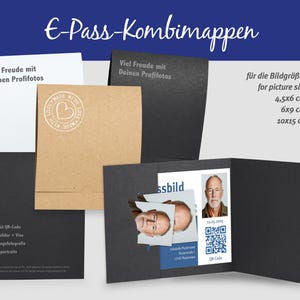 bis 10x15cm E-Passbild Mappe E-Passmappe für QR Code Print  2 Steckschlitze 54 + 65mm Breite Verschluss 3 Kartonsorten & 54 Farben zur Wahl