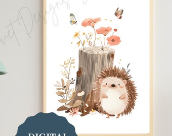 Whimsical Echidna Nursery Print, Woodland Watercolor Baby Animal Art (Digital Download)