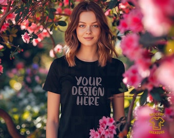 Spring T-shirt Mockup | Spring Flowers Black Bella Canvas 30001 T-shirt Mockup | Spring Mockup | Black Bella Canvas 30001 Plain Shirt Mockup