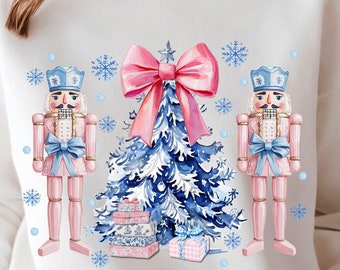 Blau rosa Pastell Chinoiserie Toile Weihnachtsbaum Nussknacker Png, Aquarell rosa Kokette Bogen Weihnachten Png, Grandmillennial Png, adretter Christus
