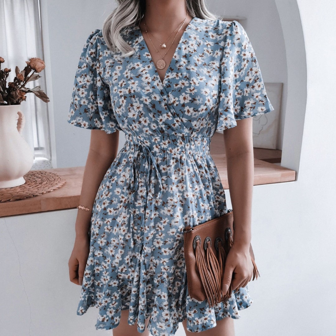 Flower Summer Dress,floral Short Sleeved Vneck Midi Wrap Dress,blue — free download