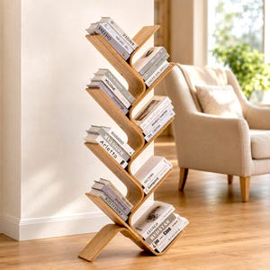 Può includere: Una libreria verticale a forma di albero realizzata in legno chiaro con un design a zigzag e ramificato. I ripiani contengono diversi libri con dorsi bianchi e titoli vari, tra cui Arletta, Welcome, Kinfolk e Redstar, disposti su livelli inclinati.