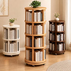 Round Rotating Bookshelf, 360 Wooden Bookcase with Wheels, Space Saving Book Storage Shelf, Multi Tier Floor Standing Book Organizer