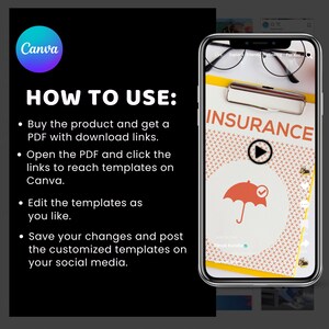 Op de afbeelding: Een smartphone toont een Canva-sjabloon voor sociale media. De sjabloon bevat het woord "INSURANCE" en een paraplugrafiek. Instructies voor het gebruik van de sjabloon staan aan de linkerkant van de afbeelding.