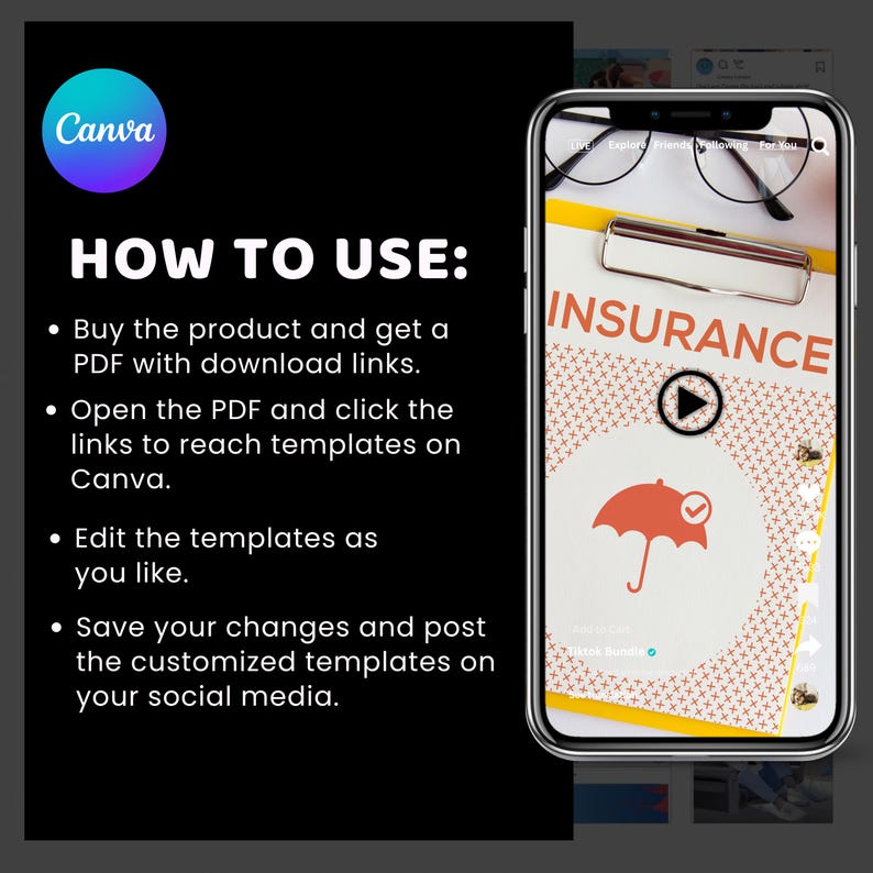 Op de afbeelding: Een smartphone toont een Canva-sjabloon voor sociale media. De sjabloon bevat het woord "INSURANCE" en een paraplugrafiek. Instructies voor het gebruik van de sjabloon staan aan de linkerkant van de afbeelding.